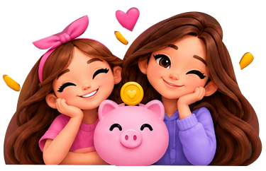 Mãe e filha juntas com um cofrinho rosa, na ilustração oficial NossaMesada.